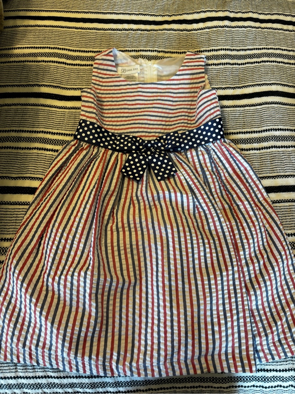 Bonnie Jean Red, Blue & White Striped Dress with Navy Polka Dot Waist Tie